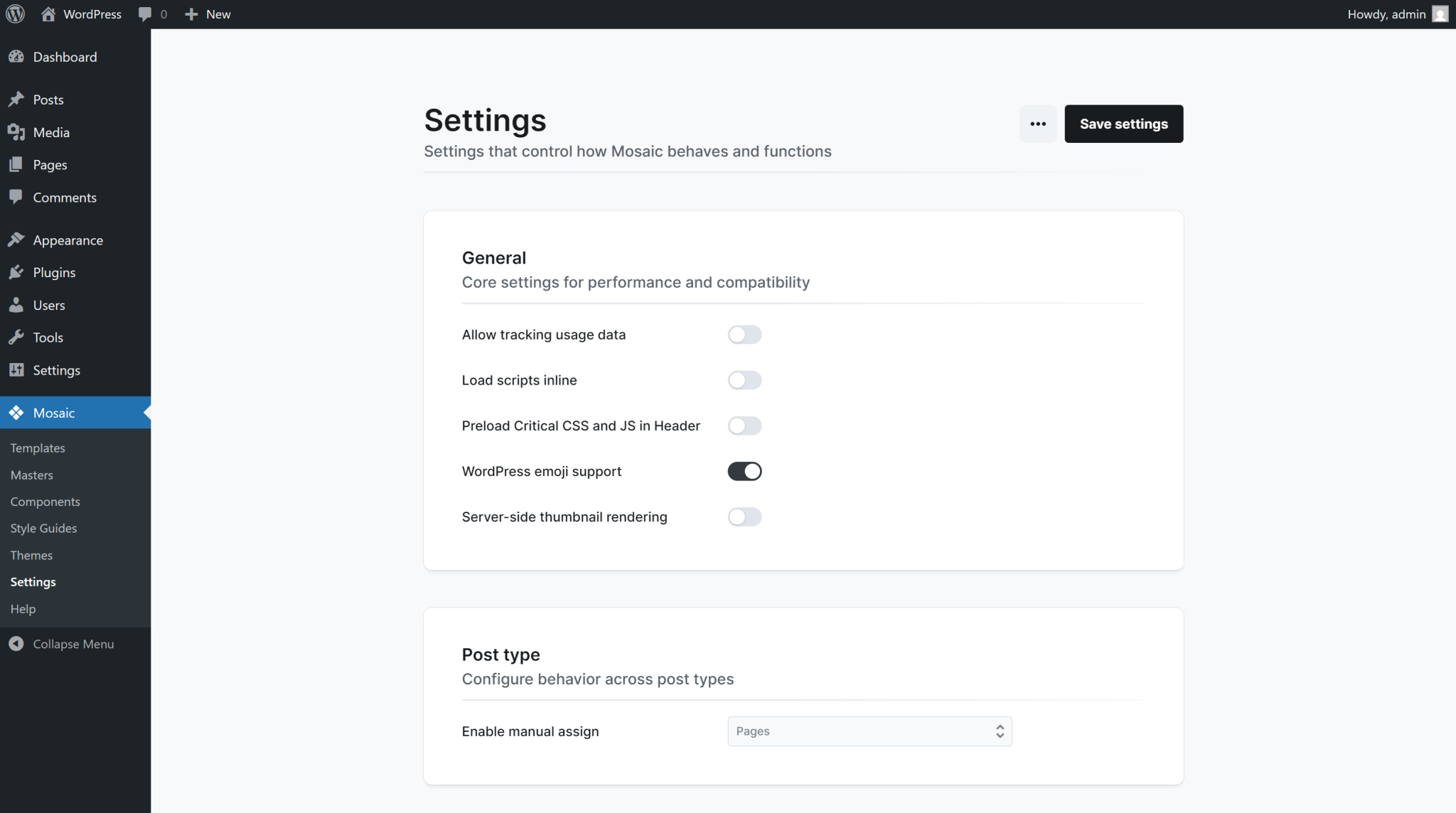 Settings - Getting started - Docs - Mosaic