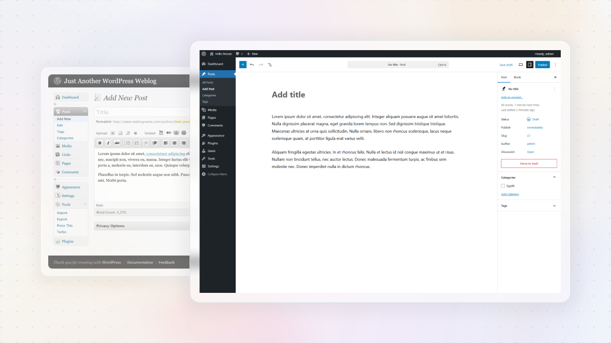 Comparison of the classic WordPress editor and the modern block editor interface, showing how WordPress’s content and theme editing experience has evolved over time.