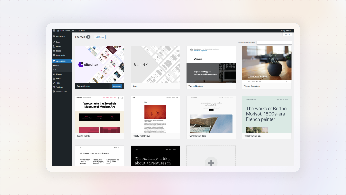 WordPress dashboard showing the Themes screen with one active theme and multiple installed themes, illustrating how a single active theme controls the site’s design and layout