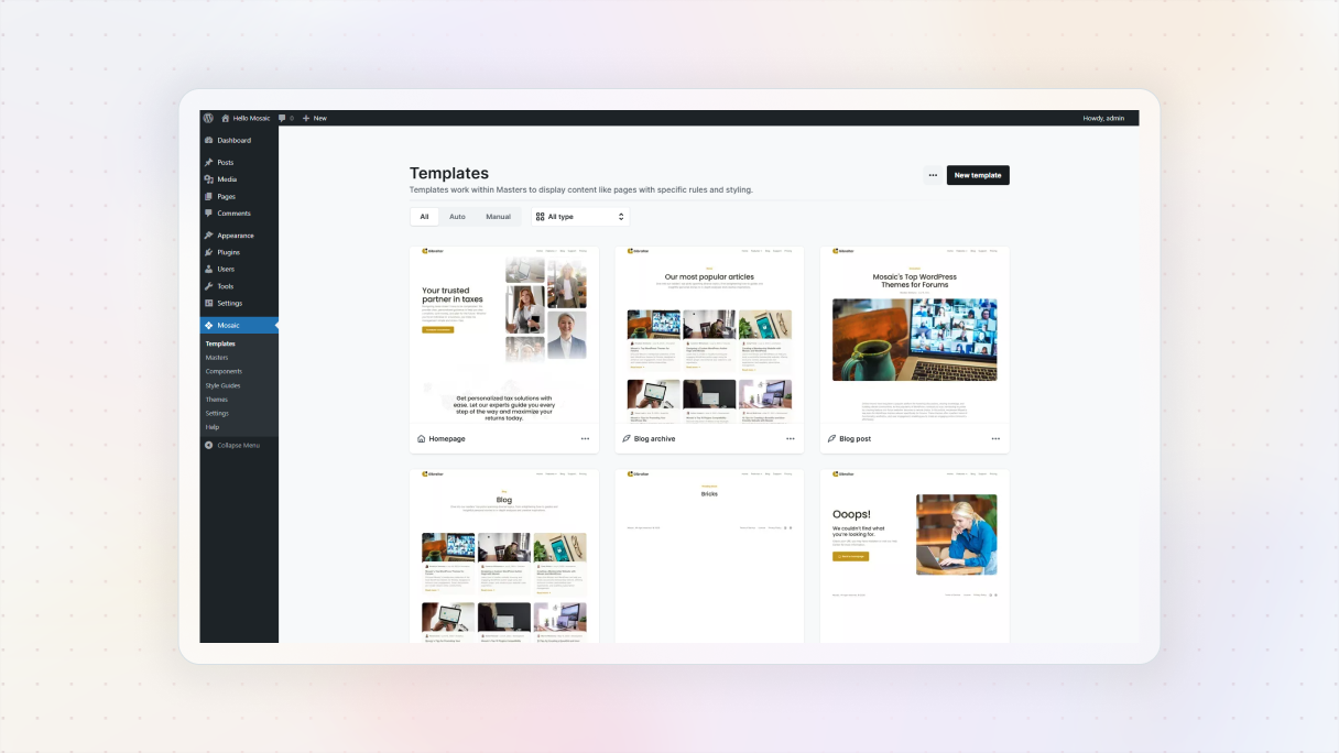 WordPress dashboard showing the Templates screen with multiple page templates, illustrating how templates control individual page layouts while the theme handles the site’s overall design