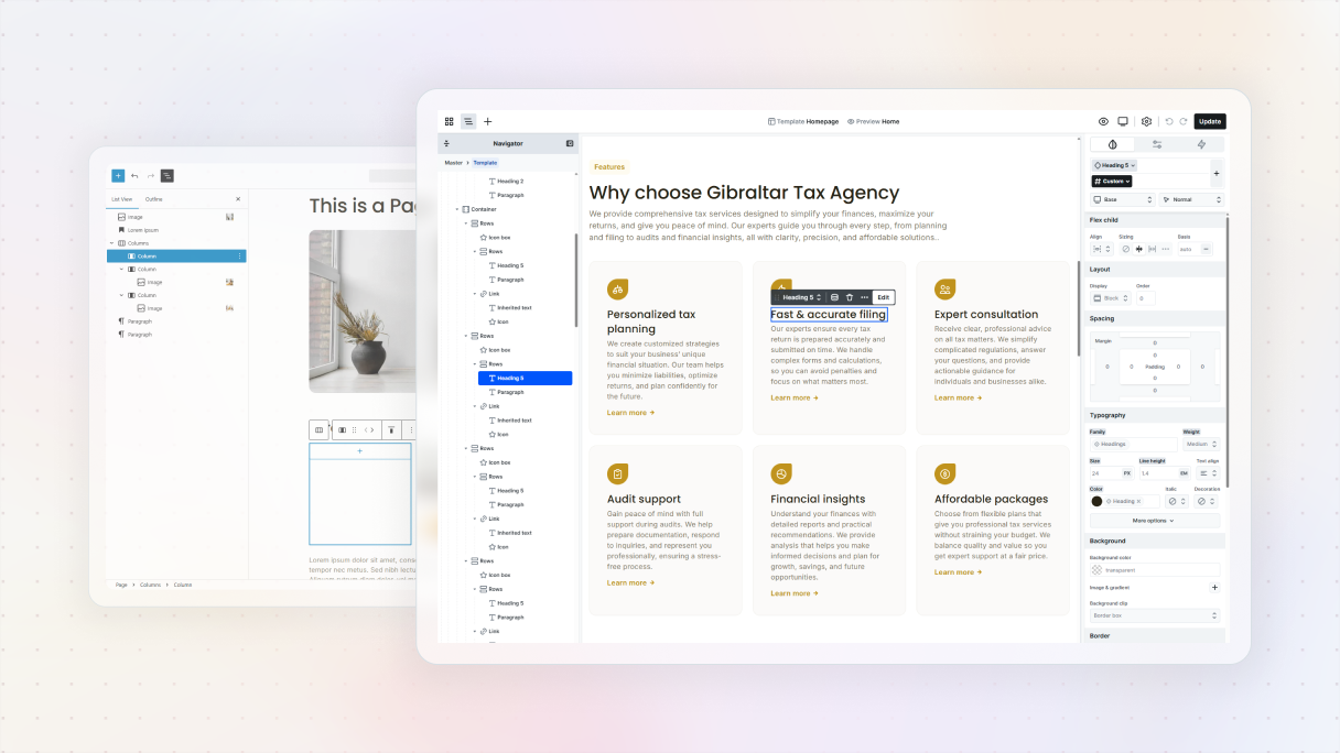 Visual editor interface comparing page-level editing and full-site template editing, illustrating the difference between a page builder used for individual layouts and a theme builder used to design headers, templates, and global site structure.