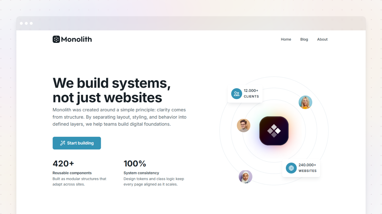 The Monolith theme's About Us page hero section, featuring the headline "We build systems, not just websites," key stats, and a "Start building" CTA button.