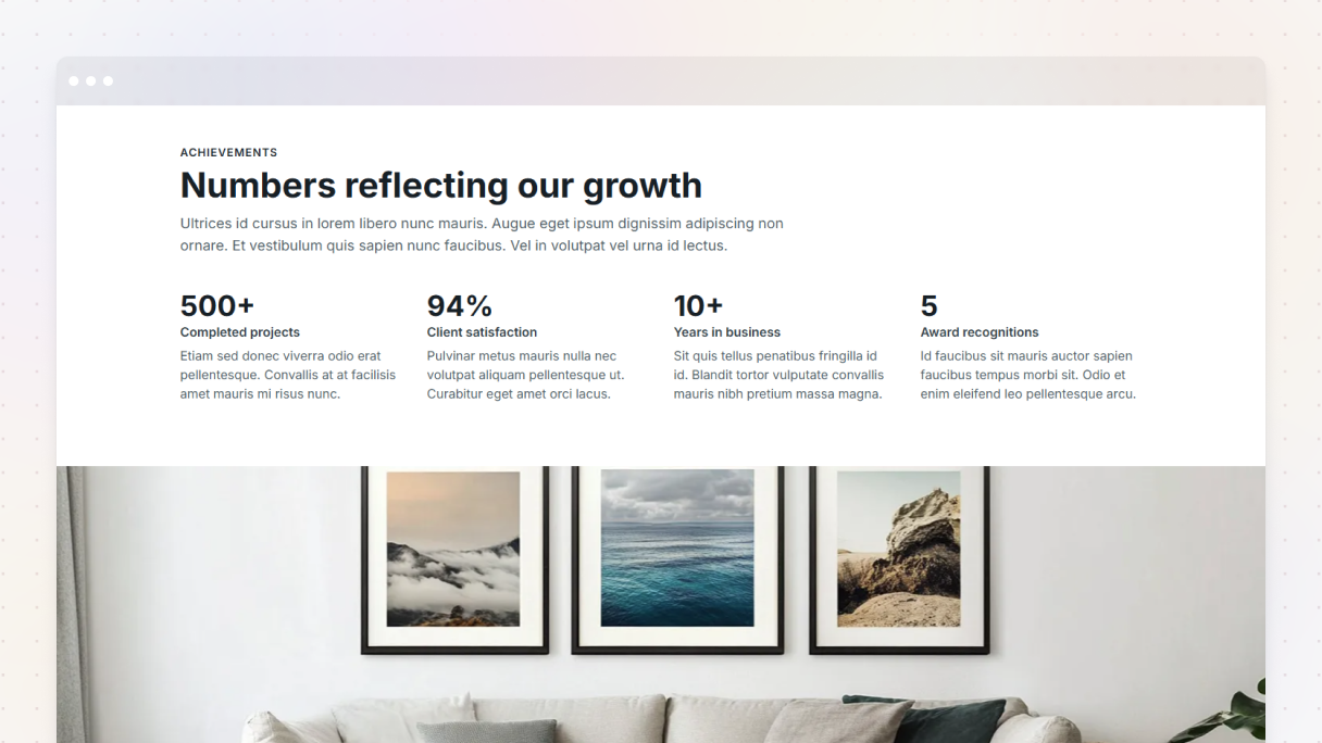 The Interior 01 About Us page from the Monolith theme, showing an achievements section with key stats and a full-width interior lifestyle photo below.