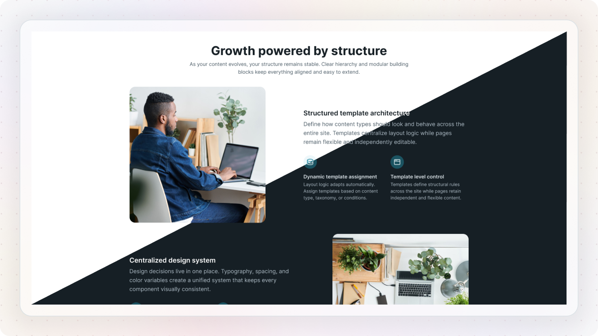 A split-section layout combining a light background on the left with a dark background on the right, showcasing how the same content block looks in both light and dark mode.