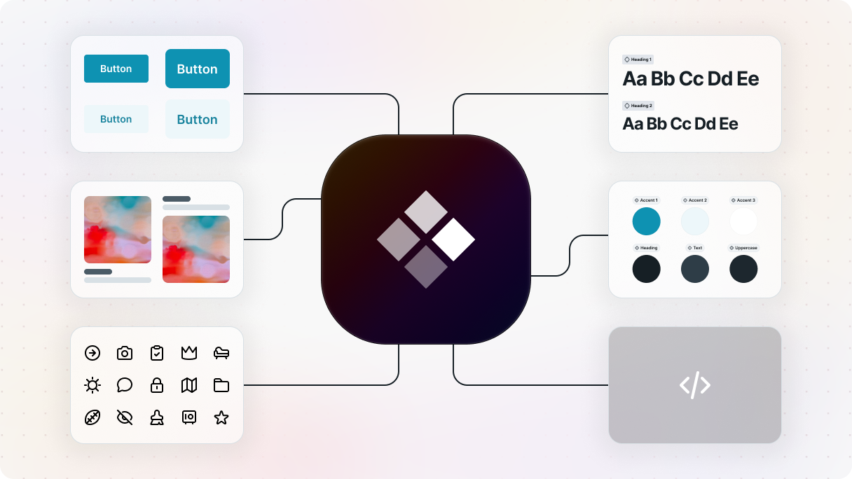 Core building blocks of a design system, including icons, components, code snippets, color variables, classes, etc.