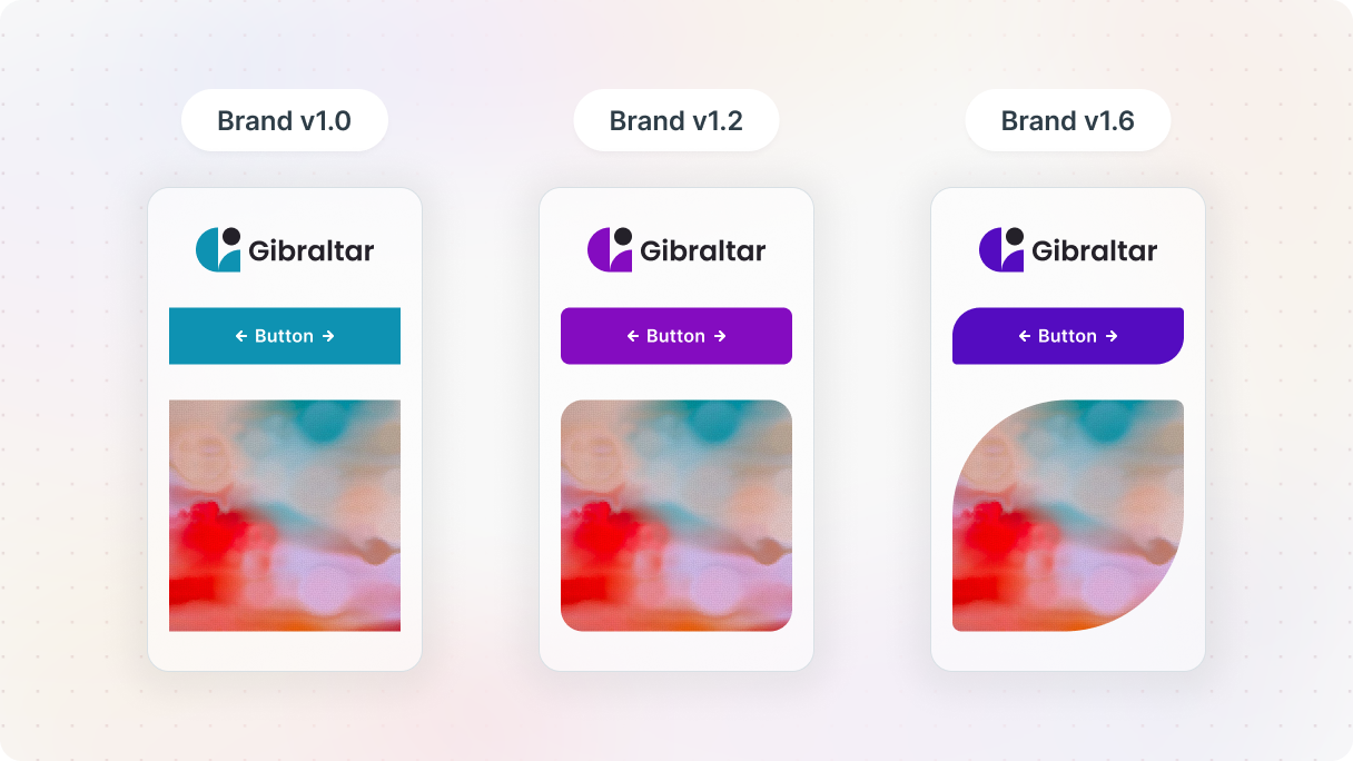 Visual showing different versions or evolutions of a brand design, highlighting how design systems change and improve over time.
