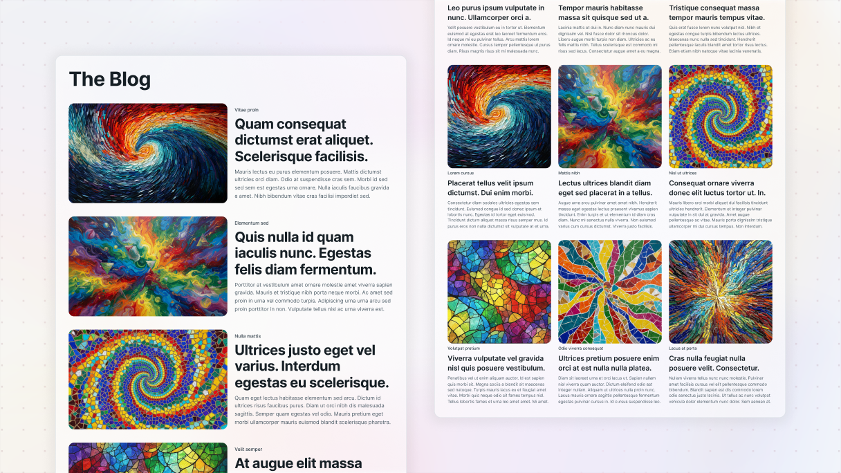 A comparison of two blog layout styles: a single-column layout on the left with large featured images and full-width post previews stacked vertically, and a grid layout on the right showing multiple smaller post cards arranged in rows with titles, excerpts, and colorful thumbnail images.