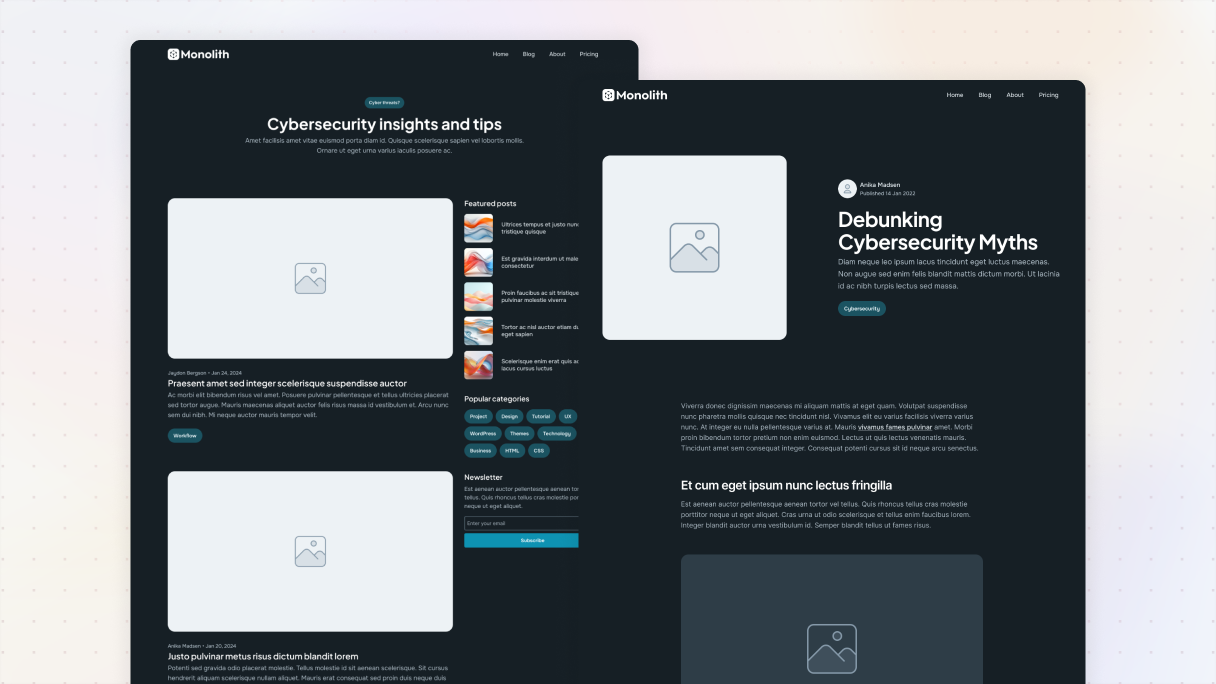 Two dark-themed blog page layouts from Mosaic’s Monolith theme. The left side shows a blog listing page with large post previews, featured posts, category tags, and a newsletter box. The right side shows a single blog post template with a large featured image placeholder, author details, title, tags, and the full article layout.