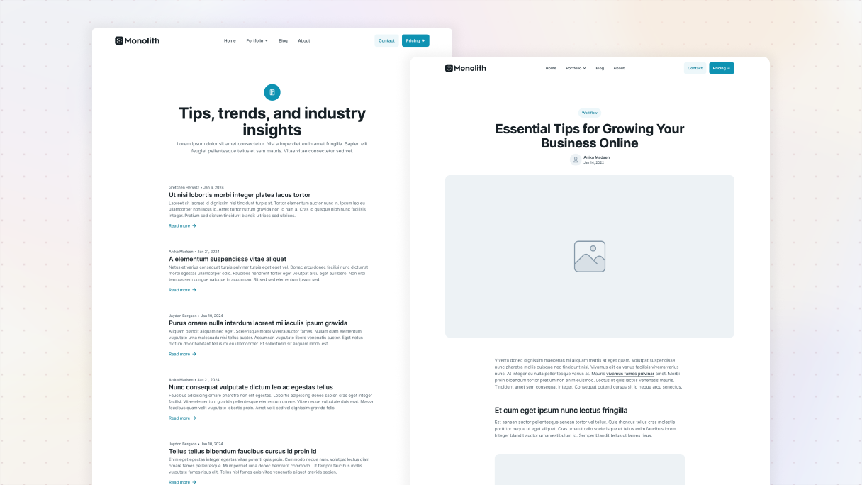 Two clean, light-themed blog layout examples from the Monolith theme. The left layout shows a simple blog listing page with post titles, excerpts, and “Read more” links. The right layout displays a single blog post template with a large featured image placeholder, author info, and neatly formatted article content.