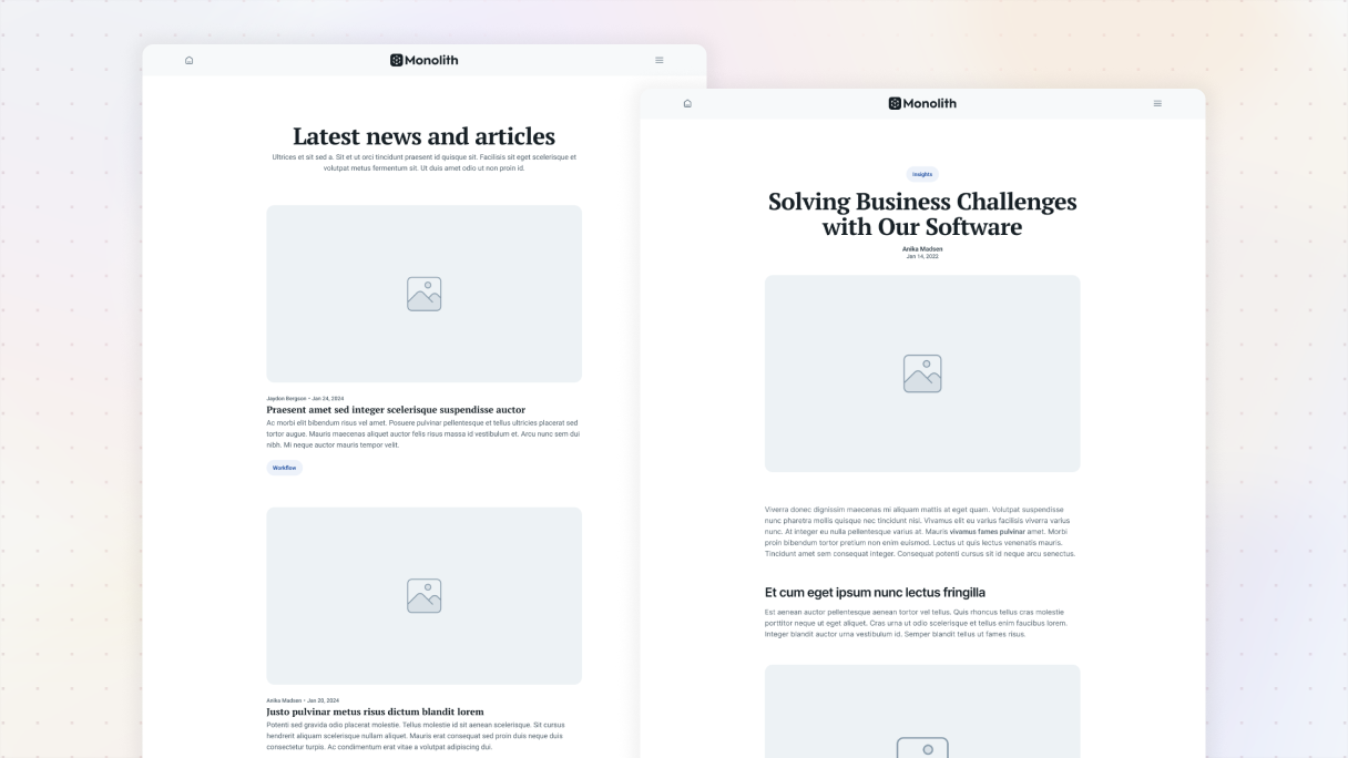 Light-themed blog and post layout examples from the Monolith theme. The left side shows a blog listing page with large post previews, titles, excerpts, and category tags. The right side displays a single blog post template with a large featured image placeholder, author information, and the main article content on a clean white background.
