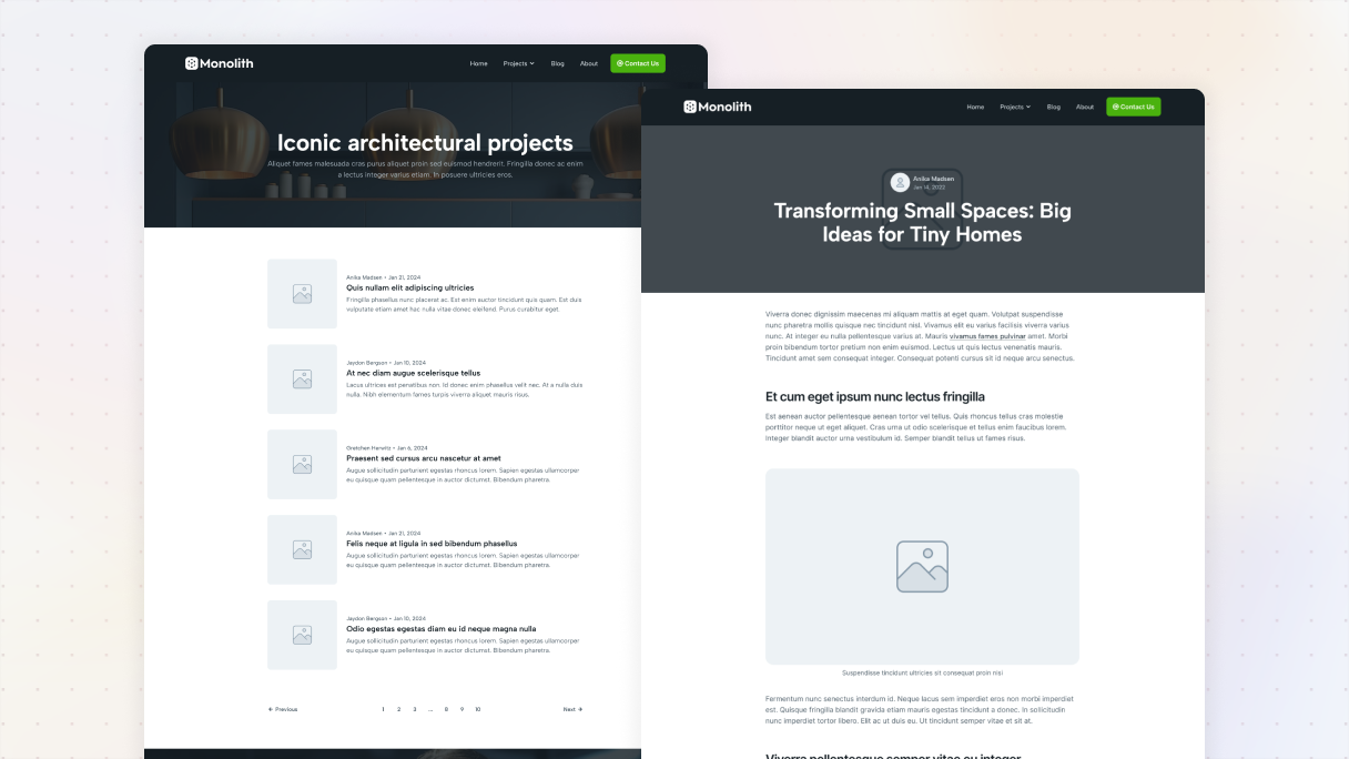 Two blog layous from the Monolith theme shown side by side. The left layout features a minimalist blog listing page with small thumbnail previews, titles, dates, and pagination. The right layout displays a single blog post template with a large header, author info, wide featured image placeholder, and clean article content.