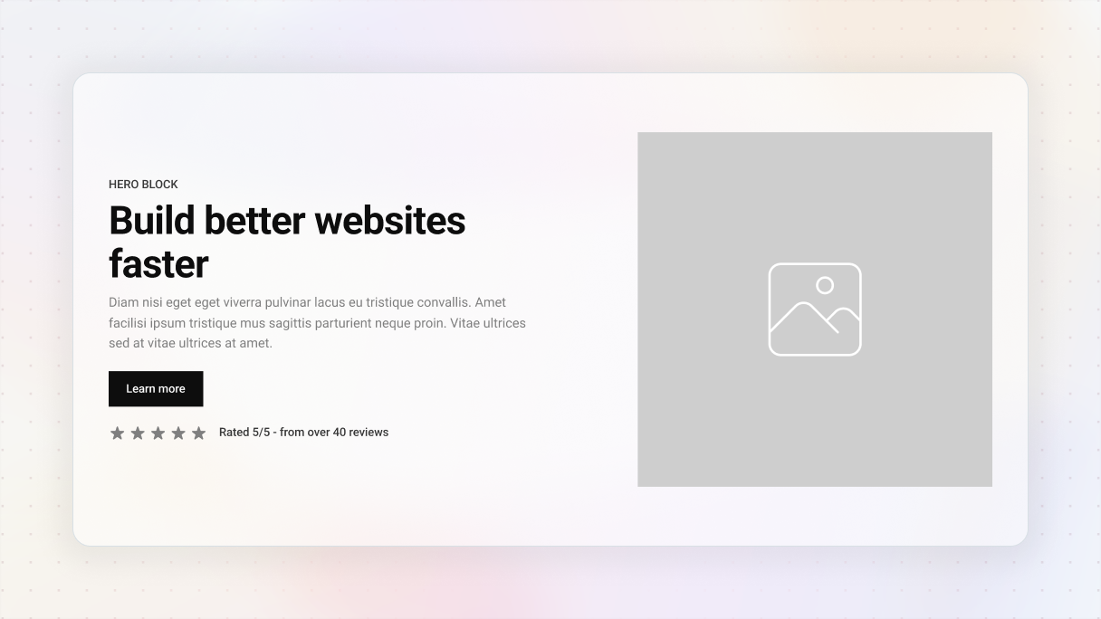 Wireframe style hero section example with placeholder image, headline, subheadline, a simple CTA button, and a 5 star rating row, demonstrating a clean starting layout from Mosaic’s Blank theme.