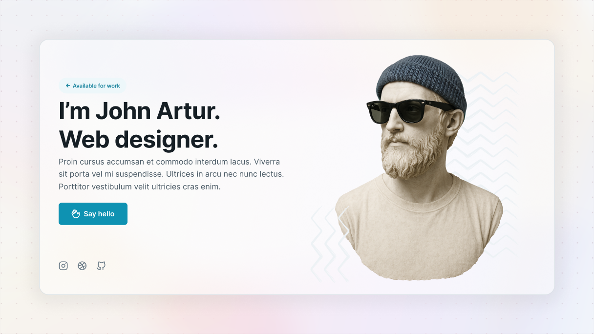 Two column hero section with a headline introducing “John Artur, Web designer,” supporting text, a “Say hello” CTA button, social icons, and a sculpture style portrait on the right looking toward the text.