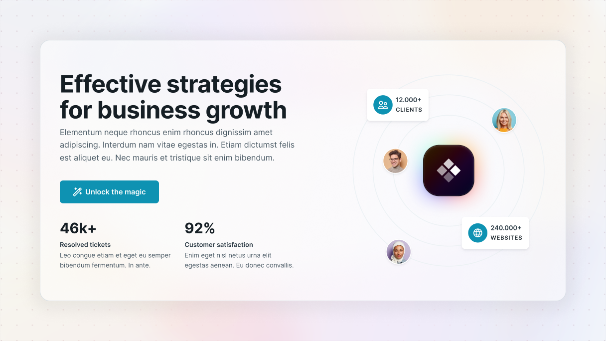 Hero section with a headline “Effective strategies for business growth,” a blue CTA button, large social proof stats such as 46k+ resolved tickets and 92 percent customer satisfaction, and a visual cluster of user photos with badges showing 12,000 plus clients and 240,000 plus websites.