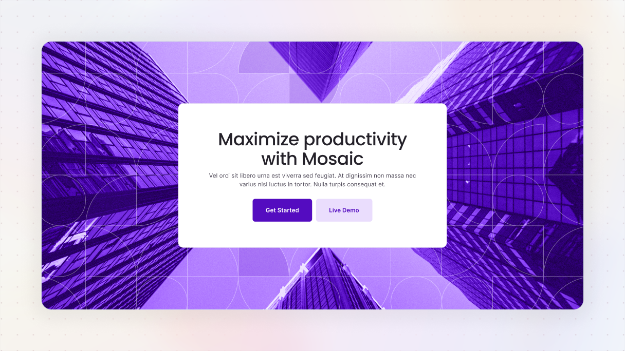 Centered hero layout with a white content box over a full screen purple tinted cityscape background, featuring the headline “Maximize productivity with Mosaic,” supporting text, and two purple call to action buttons.