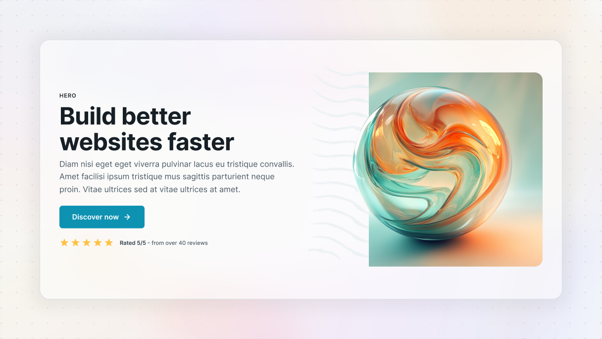 Split layout with headline and call to action on the left, paired with a colorful abstract glass sphere on the right.