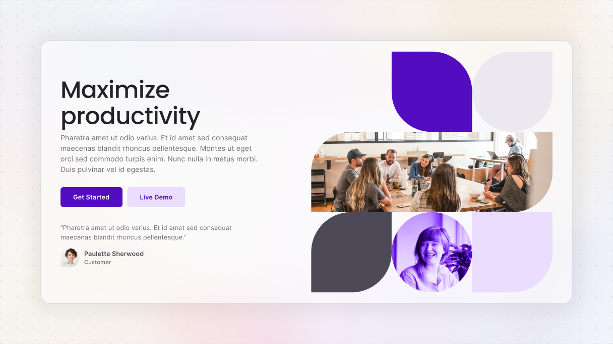 Split layout with headline and CTAs on the left, paired with a collage of team photos and rounded geometric shapes on the right.