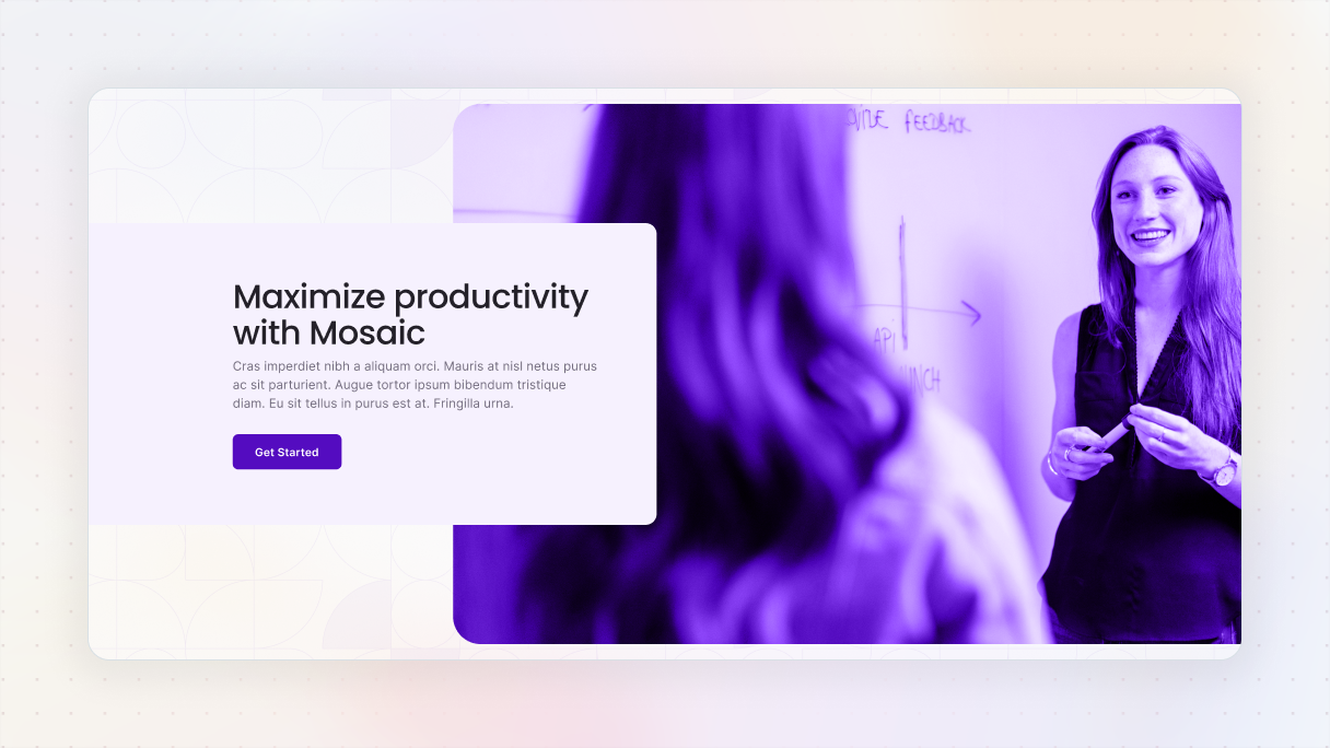 Asymmetrical hero layout with a white text box overlapping a purple-tinted photo of a woman presenting at a whiteboard.