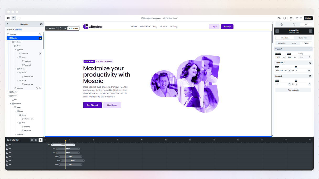Mosaic editor showing a hero section with scroll-based animations applied to circular images on the right side