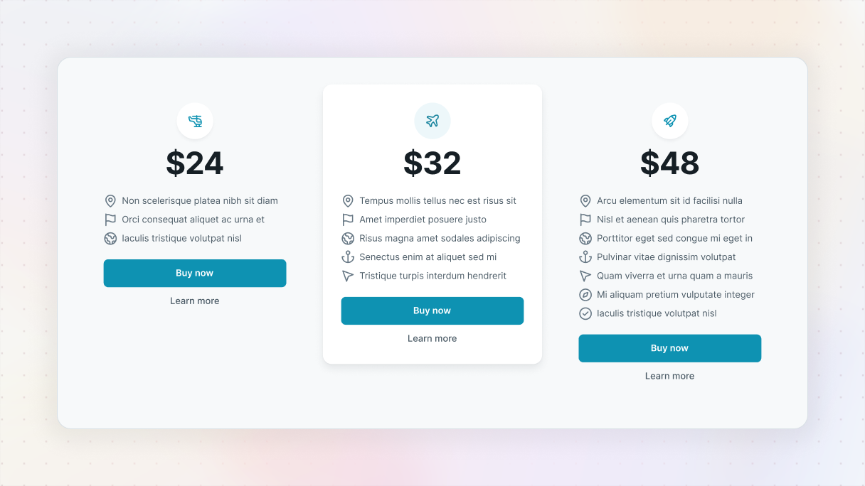 Pricing page with three plan cards, where the center plan is visually emphasized using spacing, contrast, and a prominent "Buy now" button, helping draw attention to the most important option