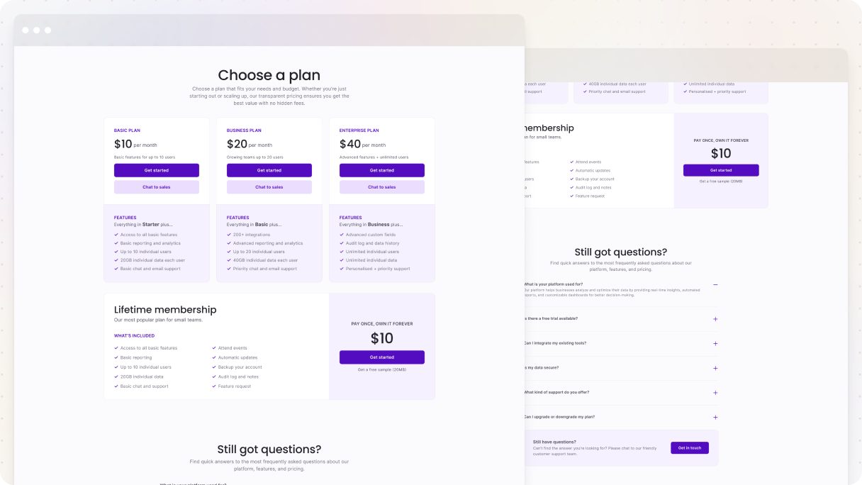 Full pricing page layout showing Basic, Business, and Enterprise plans with monthly pricing, call to action buttons, a lifetime plan option, and a FAQ section at the bottom to address common questions and next steps