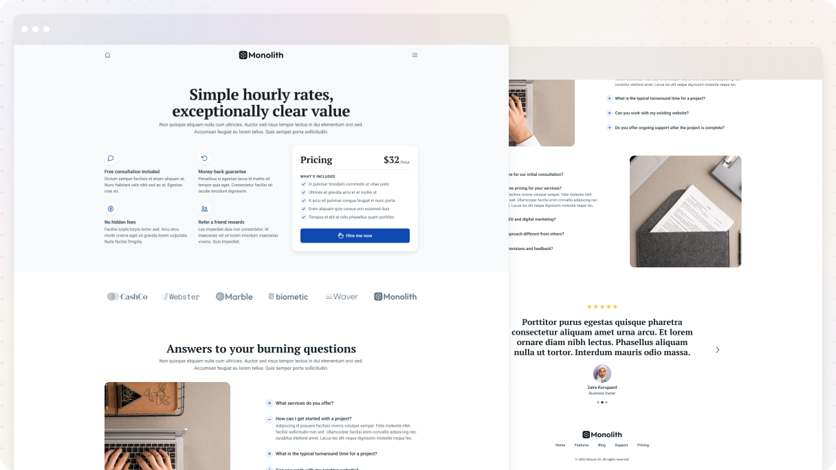Personal pricing page layout with a clearly visible hourly rate, a friendly "Hire me now" button, trust badges like free consultation and money back guarantee, client logos for social proof, an FAQ section, and rotating testimonials to reassure visitors