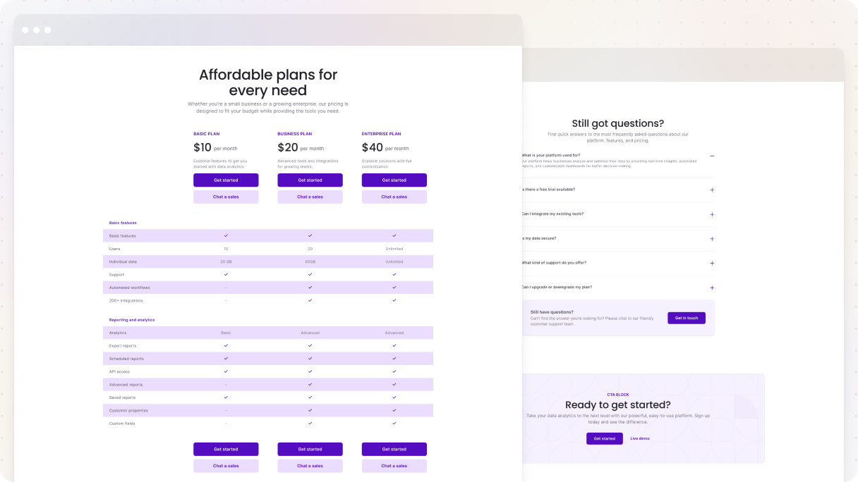 Pricing page with three plans displayed in a structured comparison table, using clear rows, icons, and color cues to help users scan features quickly, followed by an FAQ section and a clear call to action to get started or view a live demo