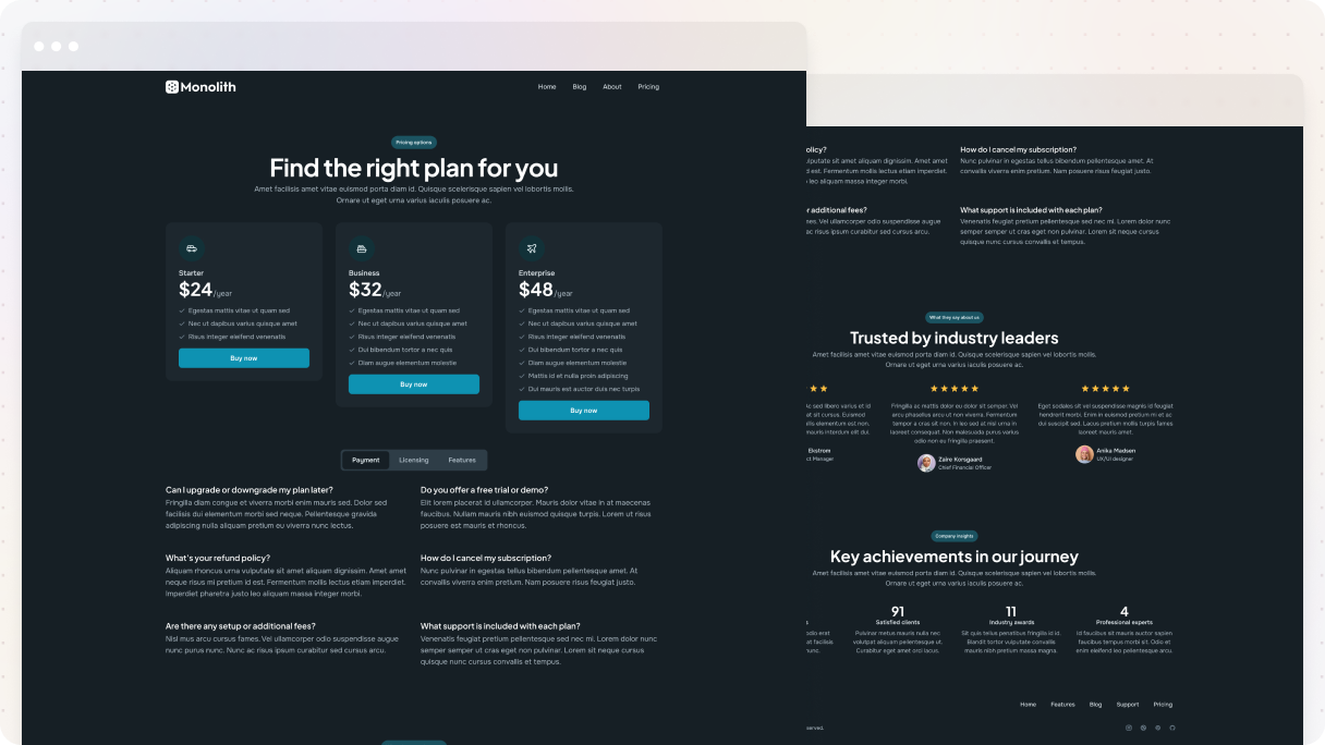 Dark themed pricing page with three plans arranged from left to right, increasing in size and value, featuring clear pricing, feature lists, Buy now buttons, and supporting sections like FAQs and testimonials to help users choose confidently