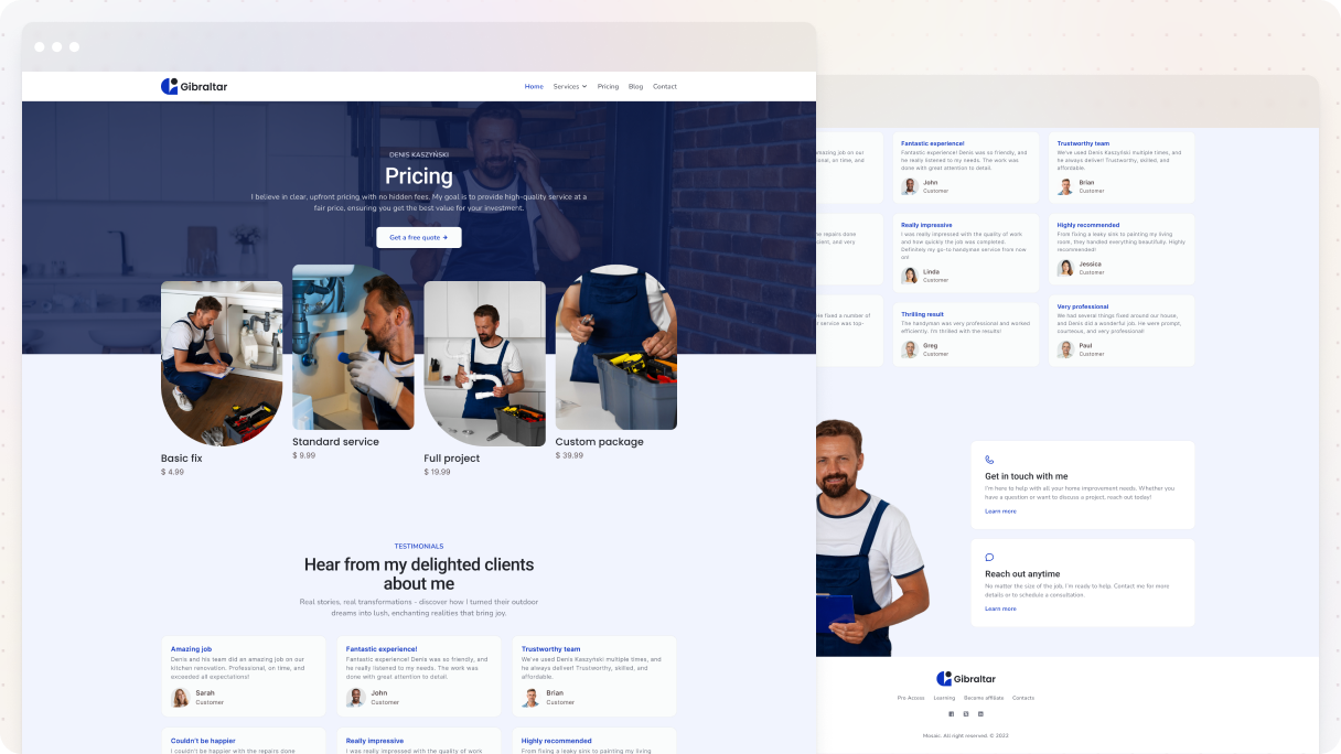 Handyman pricing page with a split hero background, overlapping image cards showing services and prices, a strong call to action at the top, client testimonials below, and a contact section with a photo and clear ways to get in touch