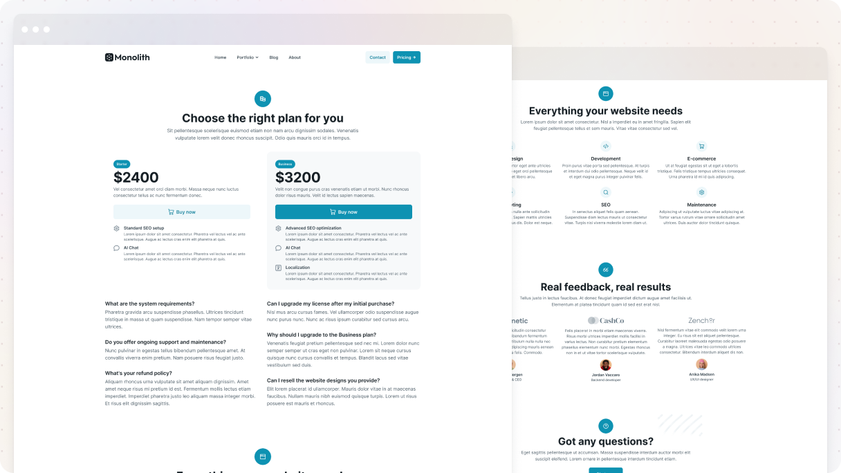 Agency pricing page with two centered plans, clear pricing and feature highlights, prominent Buy now buttons, client logos and testimonials for trust, and a final call to action section to answer remaining questions