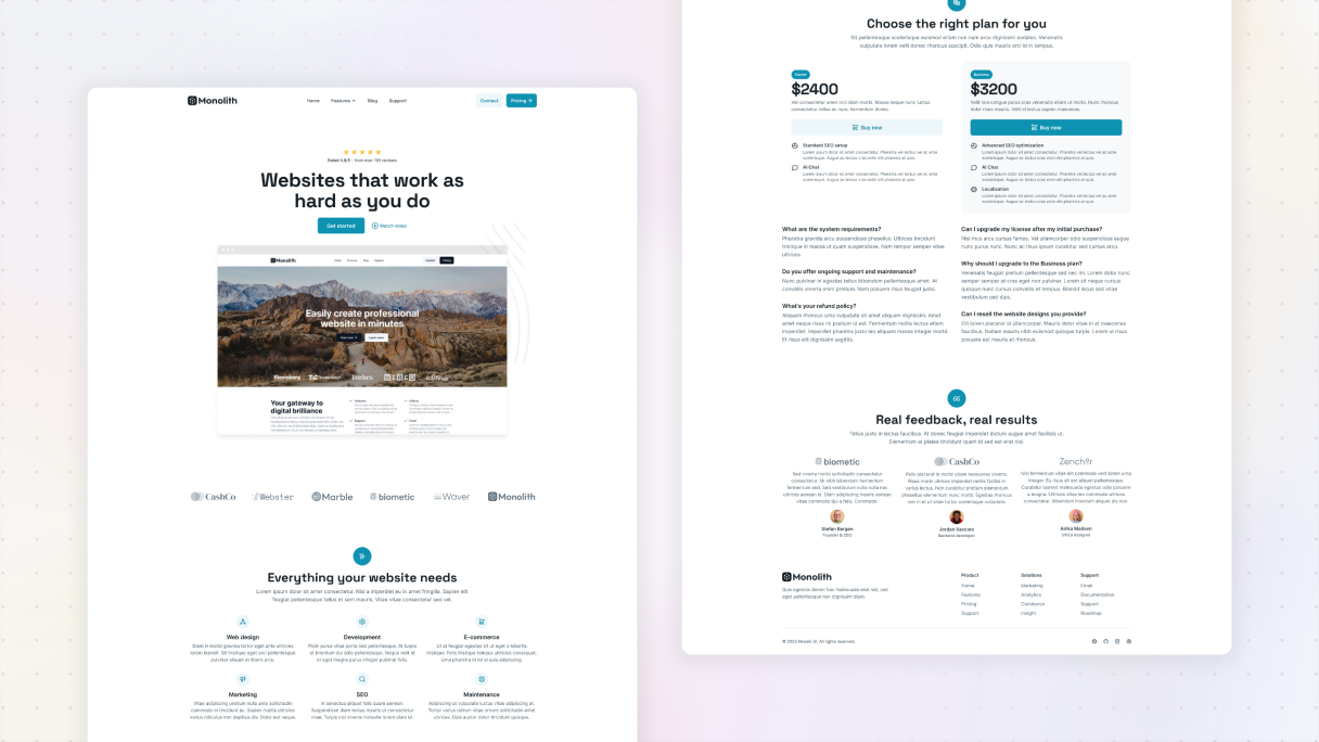 Two website page layouts displayed side by side, showing consistent structure, typography, and component usage, illustrating how to audit existing designs before building a design system.