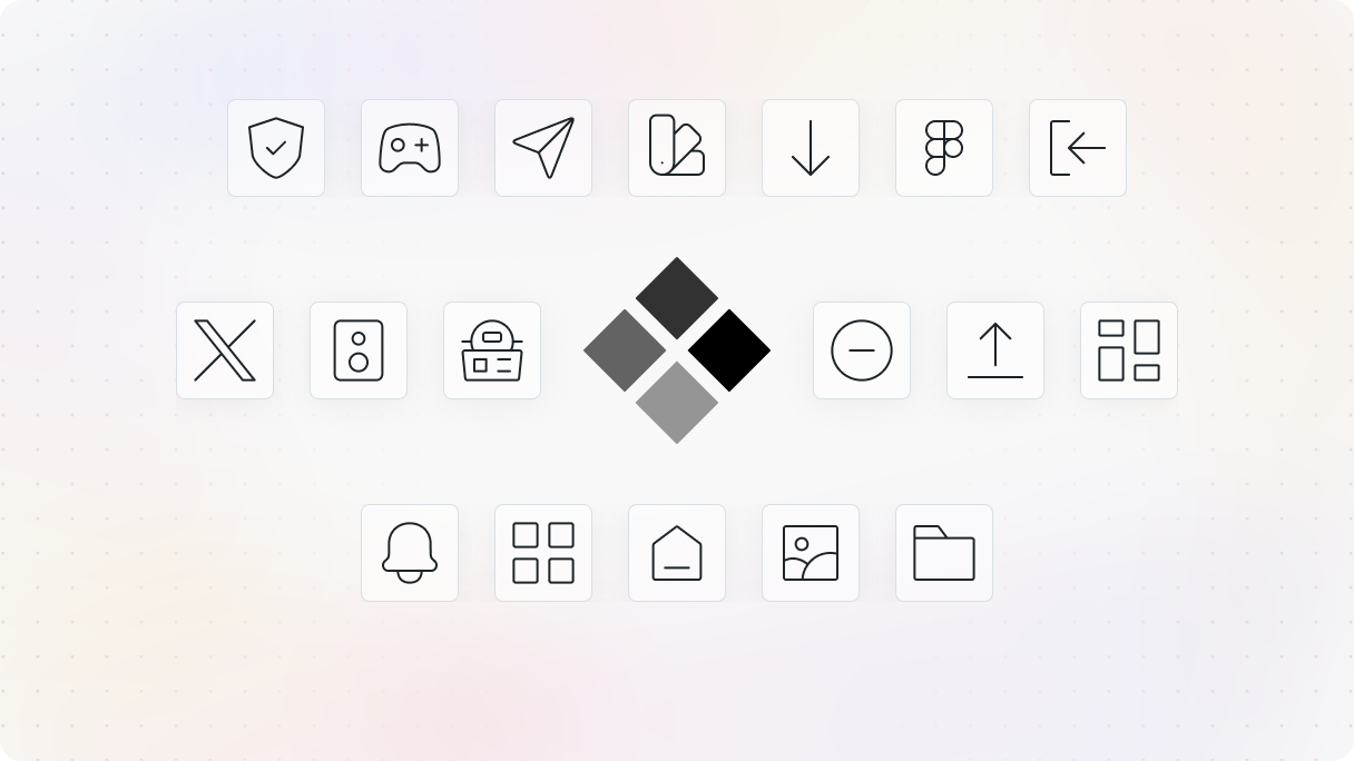 Grid of consistent outline icons arranged around the Mosaic logo, demonstrating a cohesive icon system with uniform size, spacing, and stroke style for a design system