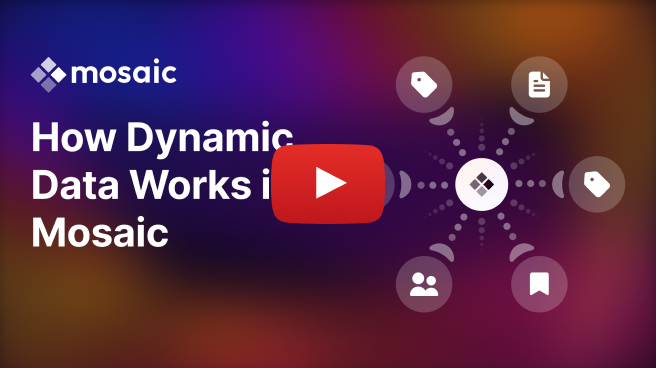 Thumbnail for the “How Dynamic Data Works in Mosaic” video showing the Mosaic logo, large title text, a play button icon, and a visual diagram of dynamic data elements connected around the Mosaic icon on a gradient background.