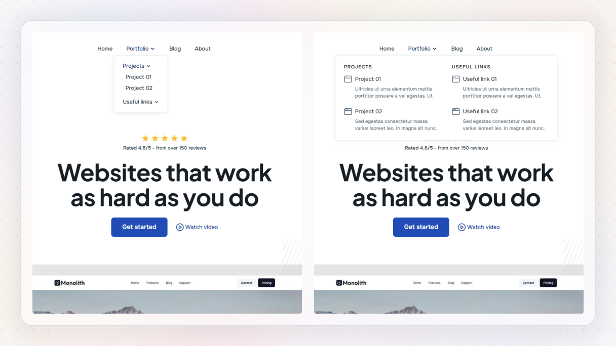 Side by side comparison of a simple dropdown menu and a mega menu, where the dropdown hides links in a small list and the mega menu displays categories and links in a larger structured panel for easier scanning
