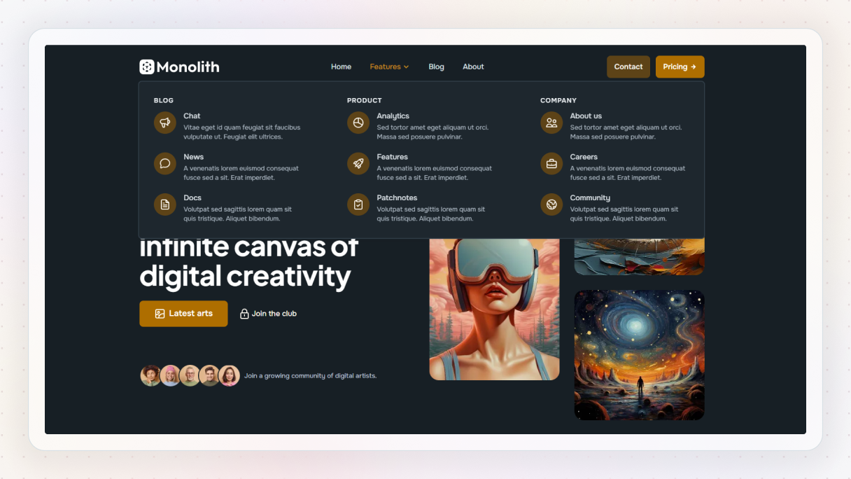 Large mega menu with multiple columns, headings, icons, and grouped links, showing how complex website navigation is organized for better usability and easier browsing