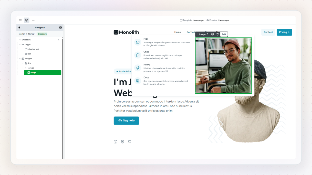 Mosaic editor showing a mega menu dropdown with menu items and an image arranged in a two-column grid, demonstrating how visuals and layout create a more engaging navigation experience.