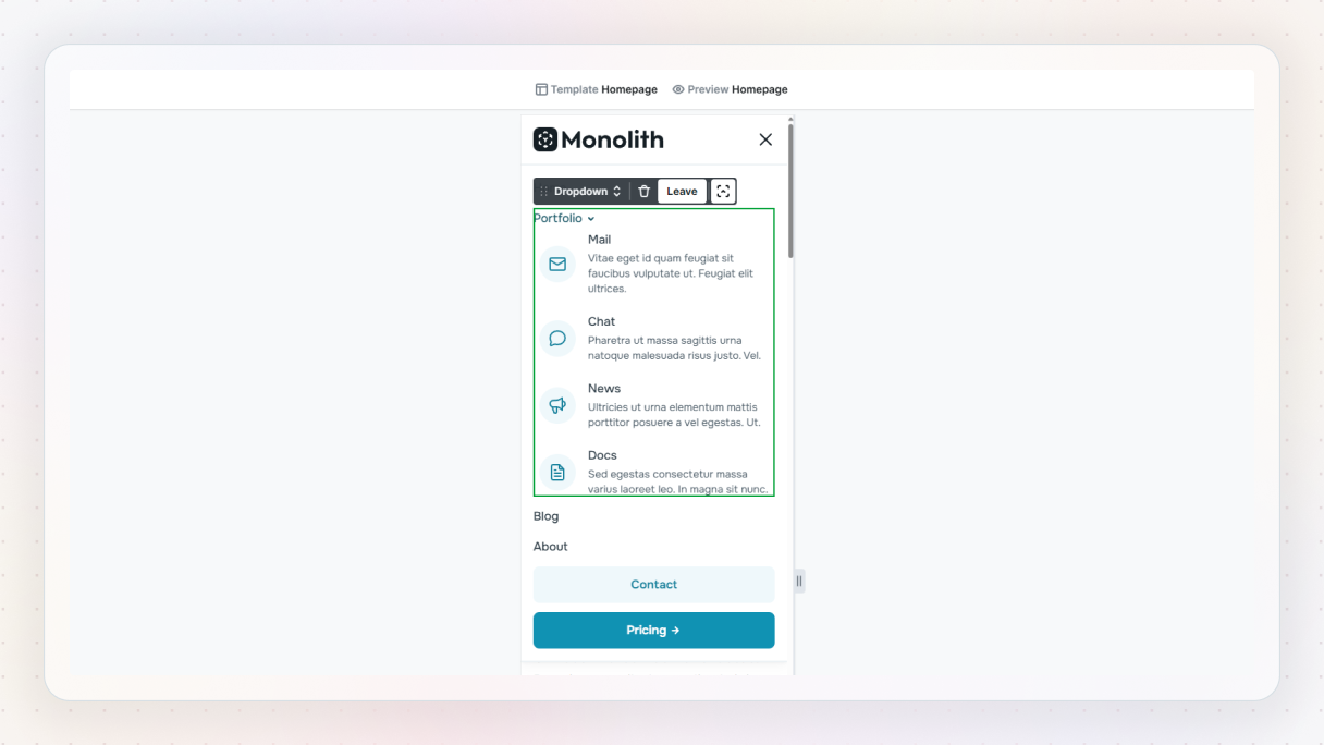 Mobile view in the Mosaic editor showing a mega menu converted into a single-column layout with stacked items and adjusted spacing, illustrating responsive behavior on smaller screens.
