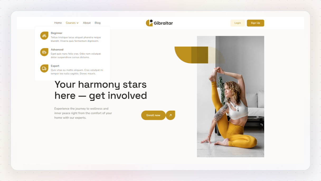 Website hero with a yoga theme and a simple mega menu showing course categories like Beginner, Advanced, and Expert, illustrating a clean and uncluttered navigation design.