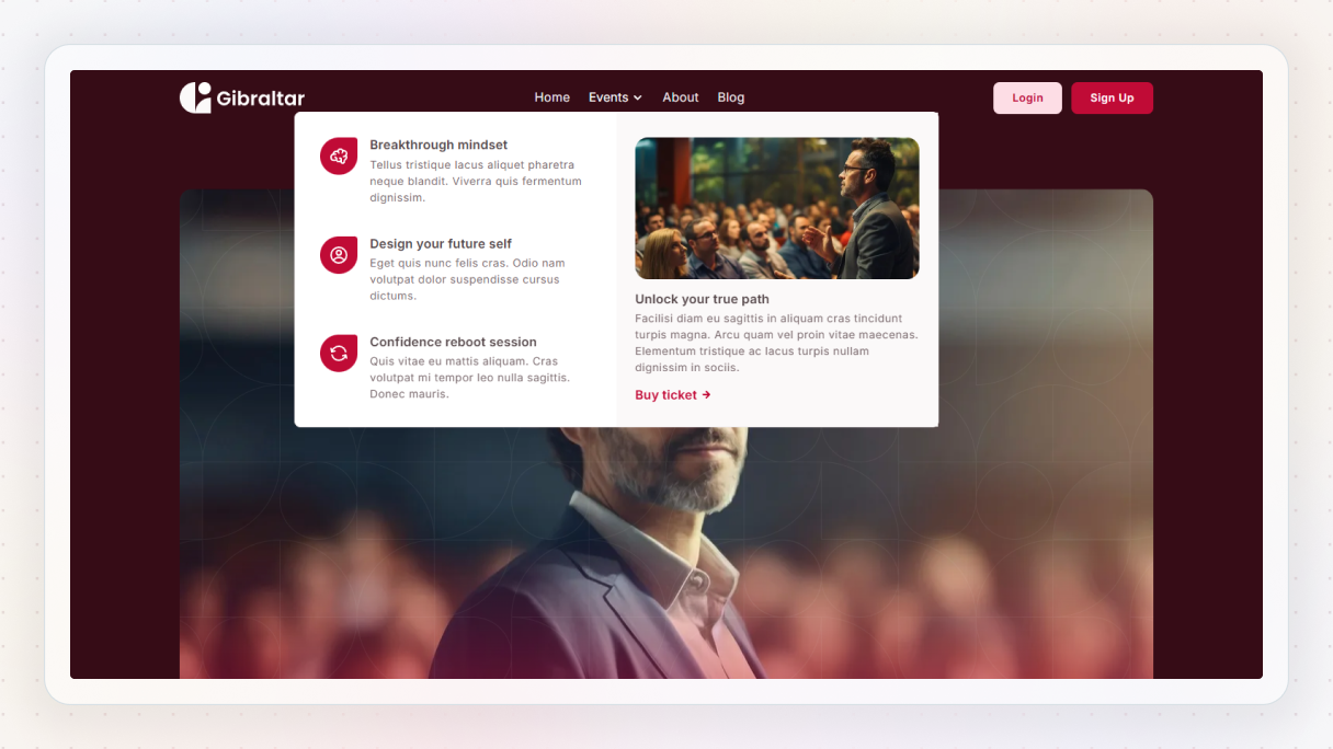 Mega menu on a life coach website showing event categories with short descriptions, a featured image, and a clear call to action, illustrating an inviting and informative navigation layout.