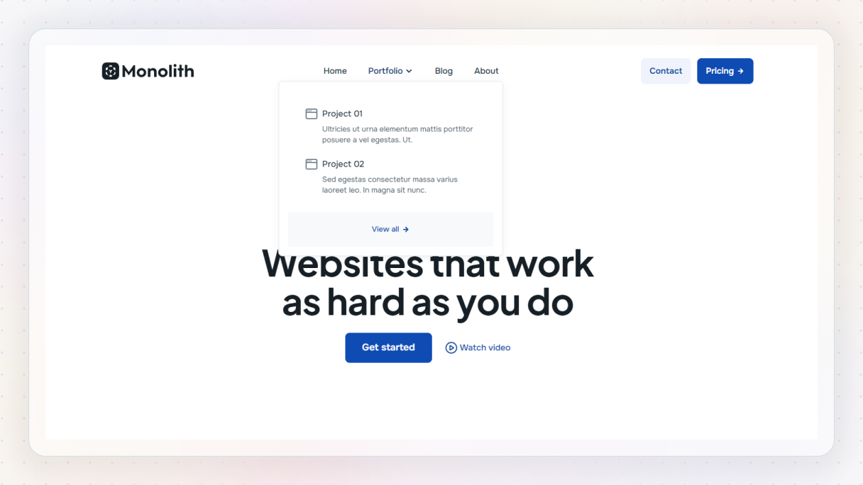 Agency website with a simple mega menu showing a few featured projects with short descriptions and a “View all” link, illustrating a clean and practical navigation approach.