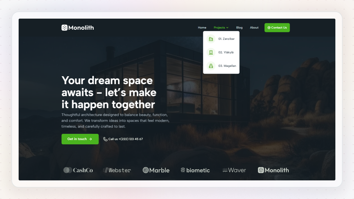 Architect website with a simple mega menu showing a small list of projects with icons and clear labels, demonstrating a minimal and distraction-free navigation design.