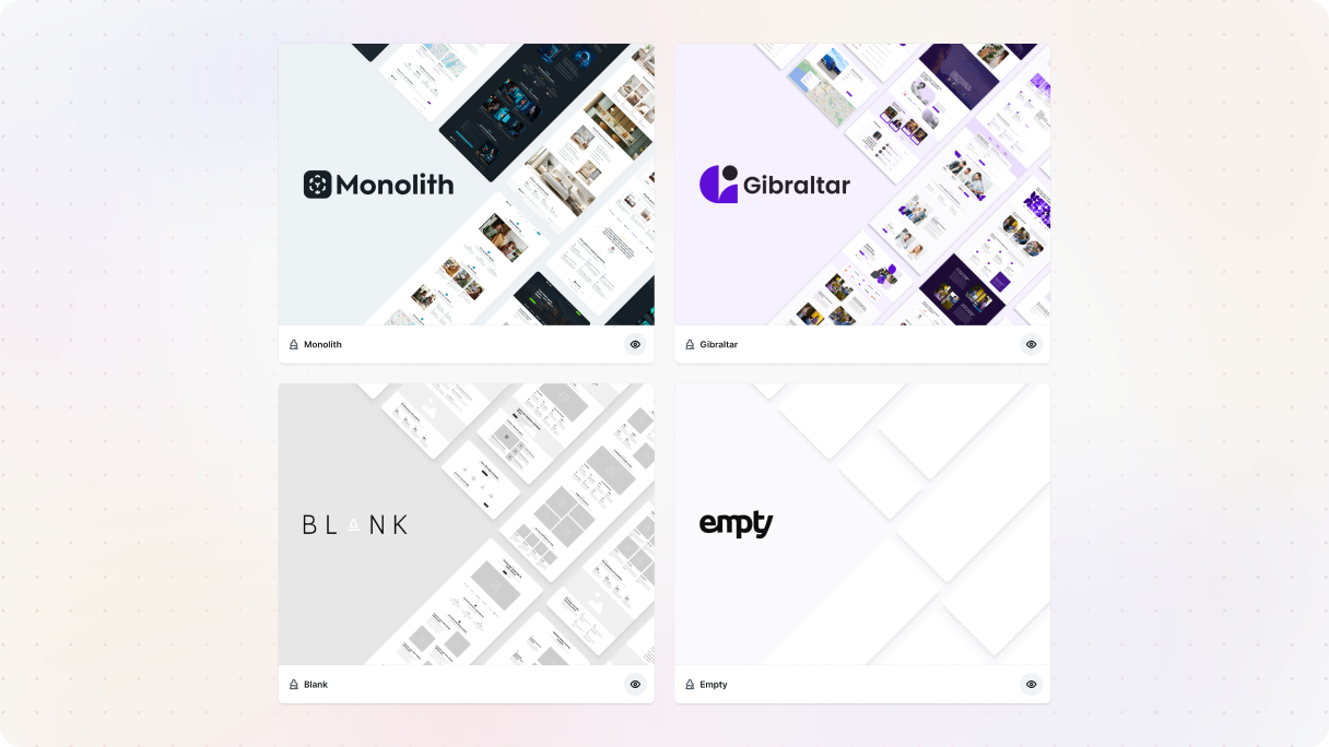 Mosaic setup screen displaying theme options like Monolith, Gibraltar, Blank, and Empty, illustrating how users select a starting point during the onboarding wizard.