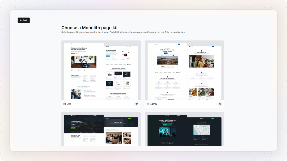 Mosaic setup screen displaying different page kit options with pre-designed layouts and pages, helping users start with a structured foundation instead of building from scratch.