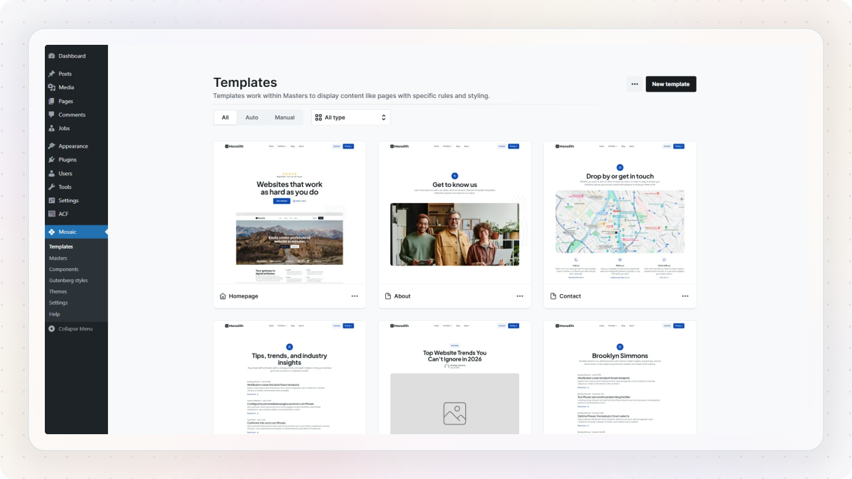 Mosaic admin dashboard showing the Templates section with page layouts like homepage, about, and contact, along with sidebar navigation for Masters, Components, and other settings.