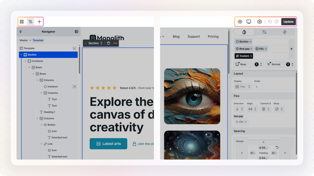 Mosaic editor interface highlighting the top panel with controls for menu access, navigator toggle, add panel, preview, breakpoints, and update actions.