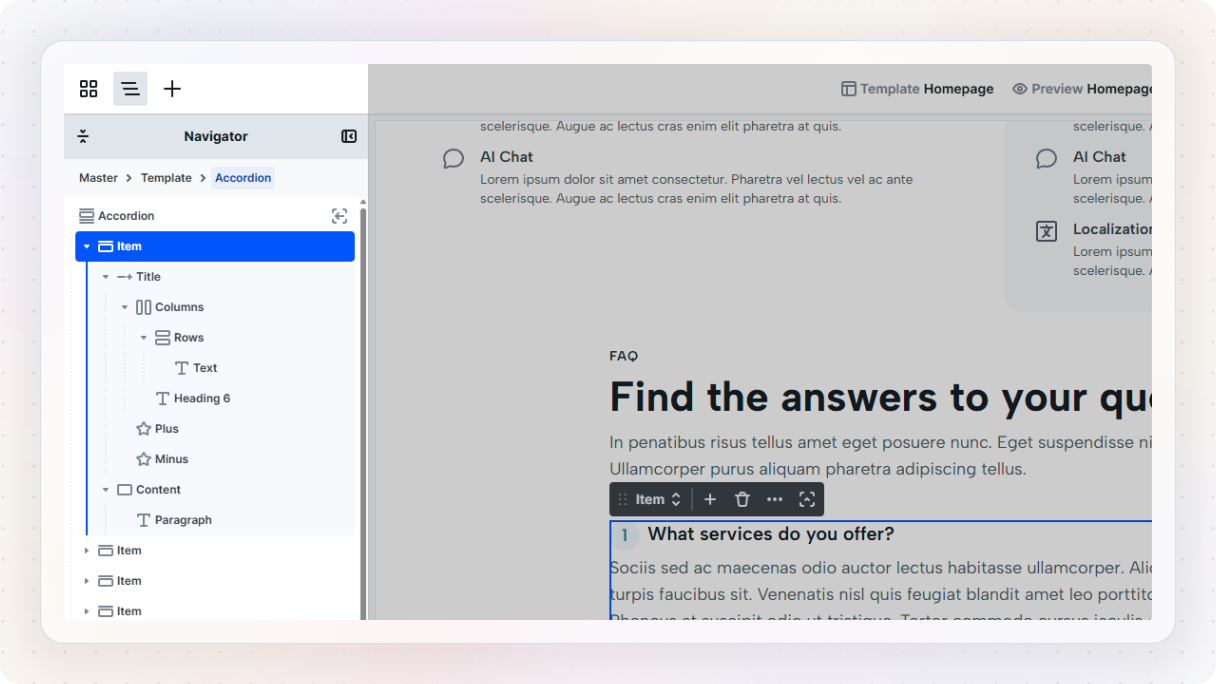 Mosaic editor showing an accordion element opened in its own scope, with the Navigator displaying only its internal structure, illustrating how scoped workspaces simplify complex layouts.