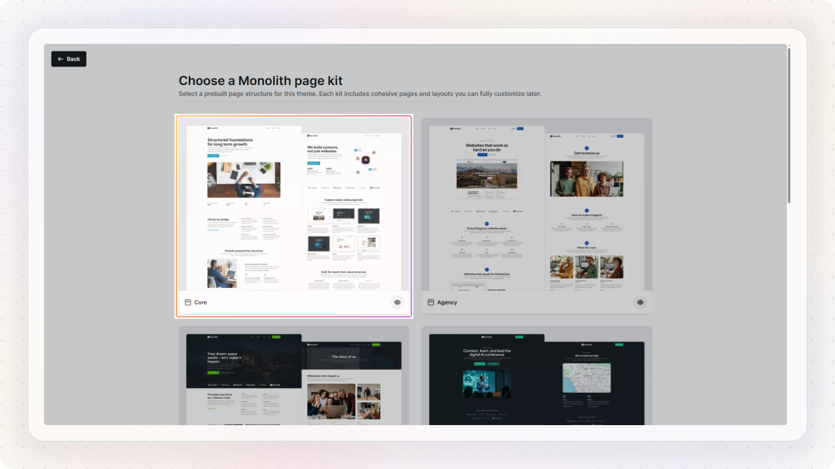 Mosaic setup screen highlighting the Core page kit selection, showing a pre-designed homepage layout used as a starting point for customization.