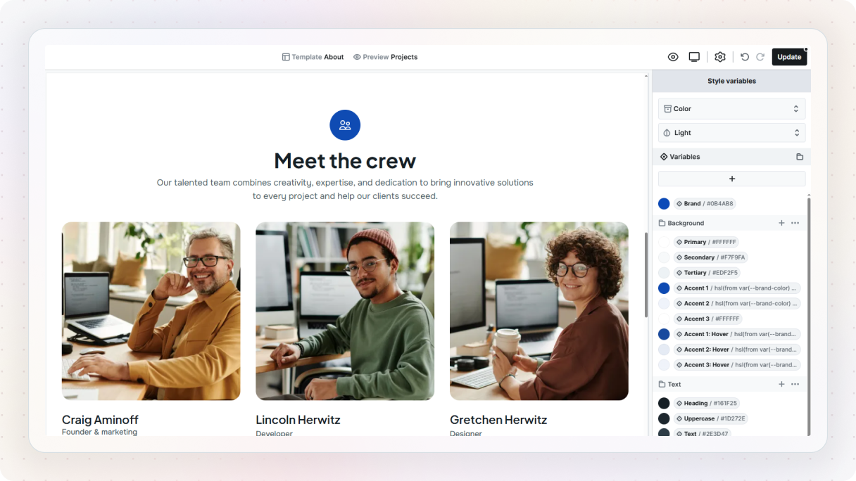 Mosaic editor showing the Style variables panel with color variables like primary, secondary, and accent, used to manage consistent colors across the site.
