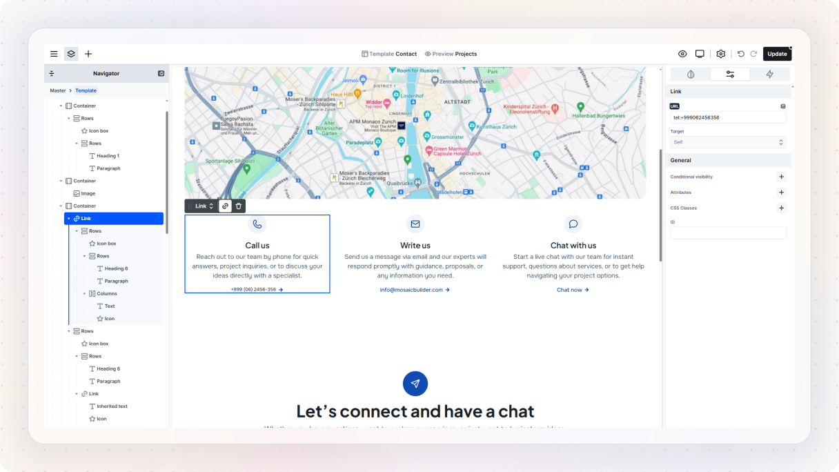 Mosaic editor showing a card-like layout placed inside a link element, demonstrating how the entire section becomes clickable instead of just a single text link.