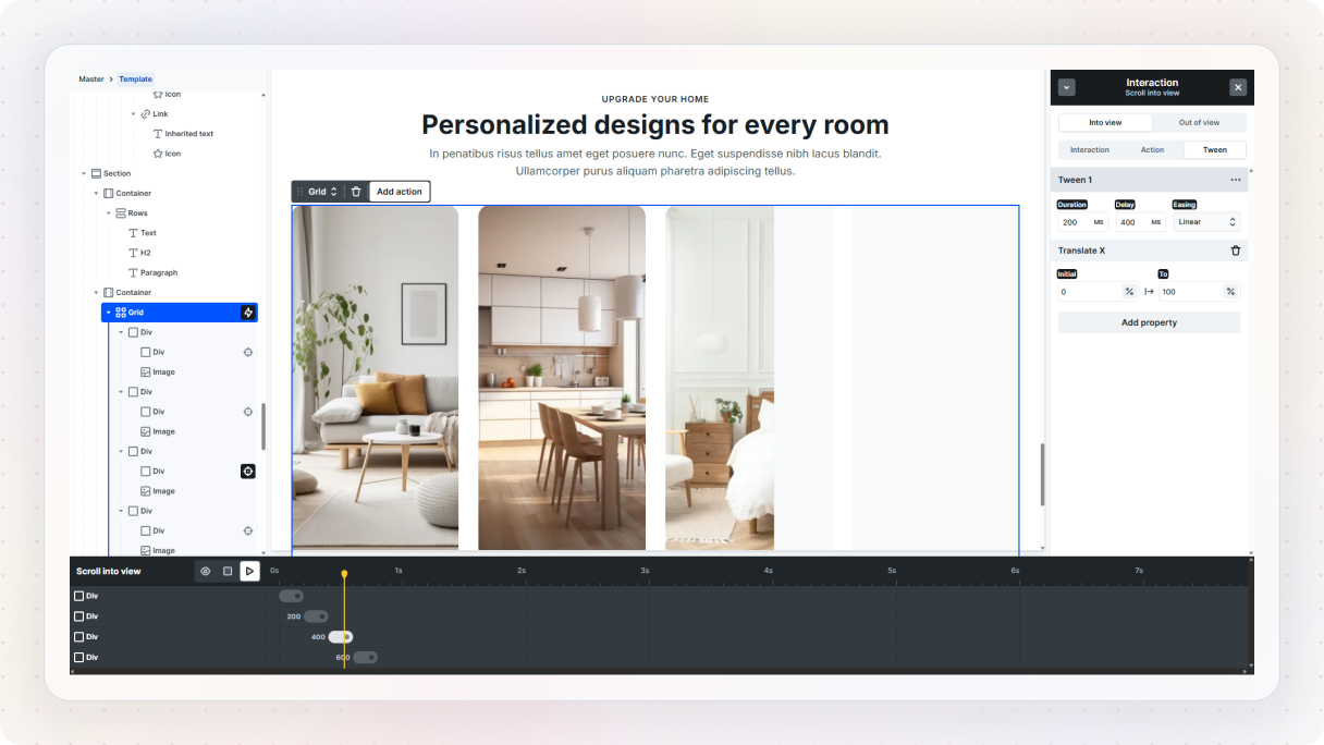 The Mosaic editor showing a grid of interior room photos with a scroll-into-view animation configured in the Interaction panel, with staggered tween delays visible in the timeline at the bottom.